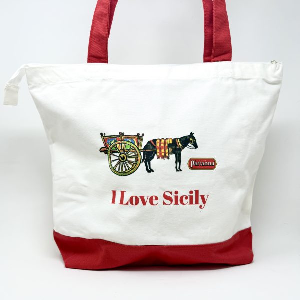 Partanna, "I Love Sicily" Canvas Tote Bag (Red/White with Zipper)