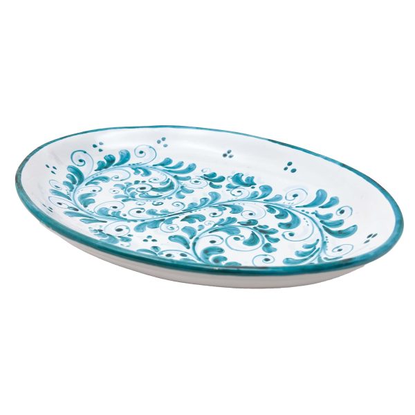Hand-Painted Ceramic Green Long Oval Plate, Large - 35cm (13,78 inch)